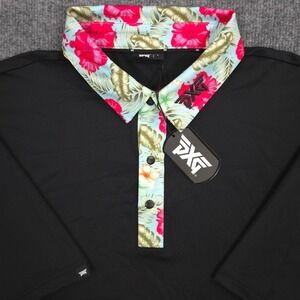 PXG Polo Shirt Mens L Black Hawaiian Aloha Collar Floral Performance Golf NEW